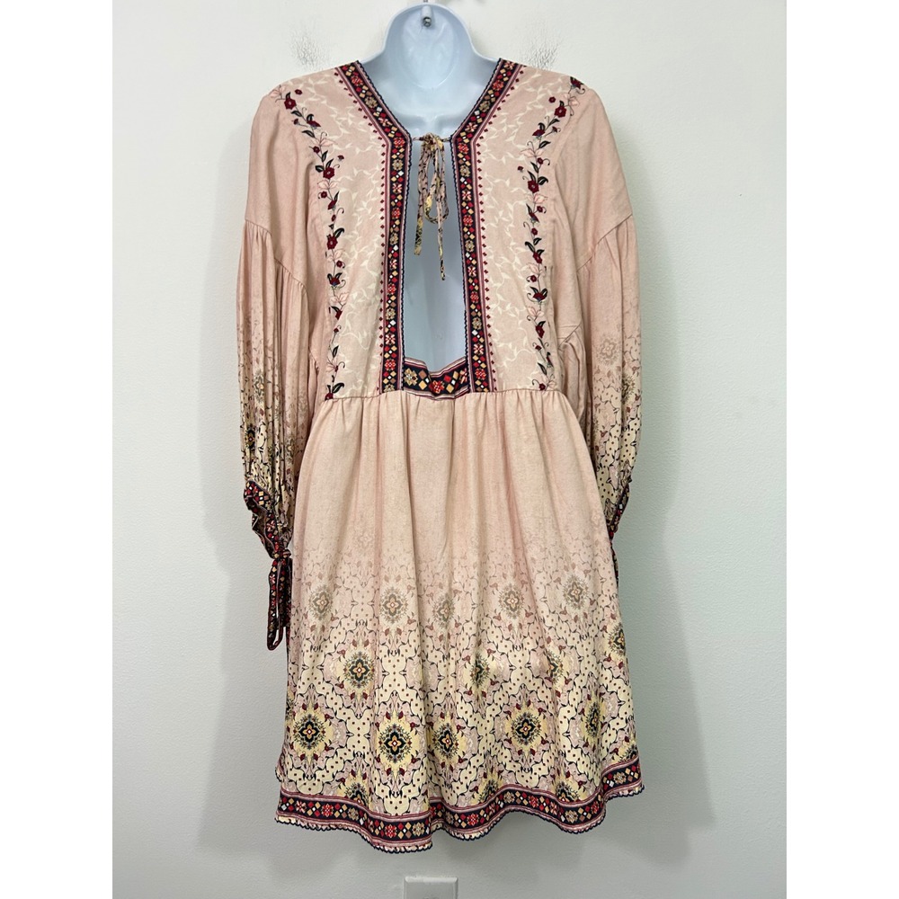 Agua Bendita Alex Kezia Pink Floral Boho Mini Dress Deep V Open Back L/G - Picture 3 of 11